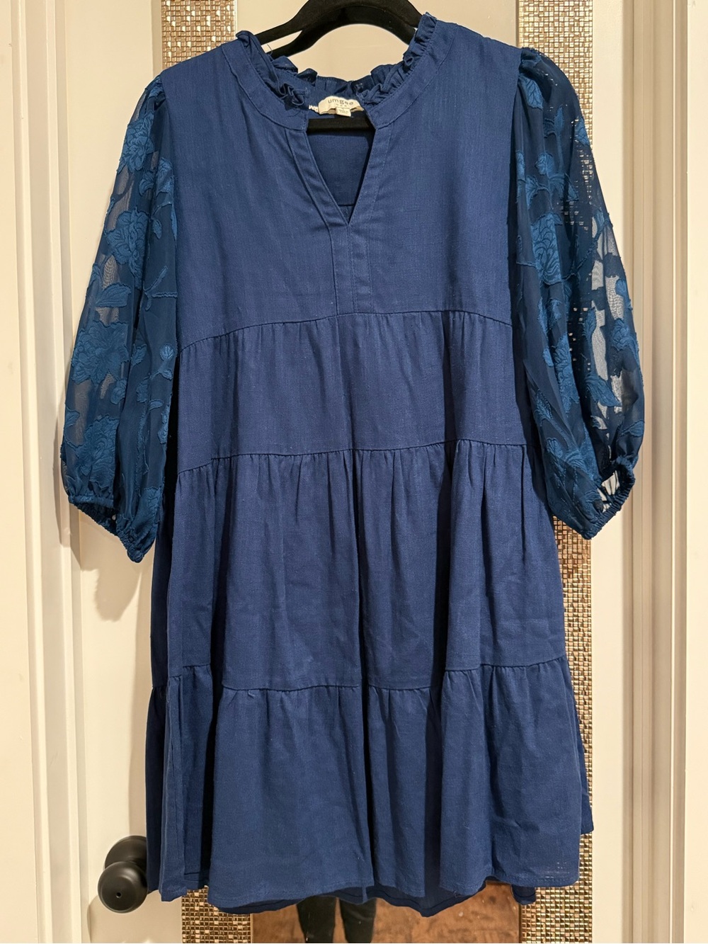 Umgee Navy Blue Tiered Mini Dress with Sheer Embroidered Puff Sleeves